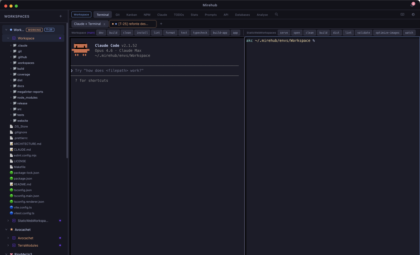 Terminal split avec Claude Code et shell